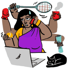 super stri overwhelmed multitasking black cat tennis