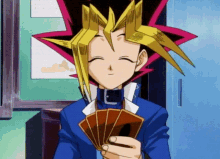 a cartoon character is holding a bunch of cards