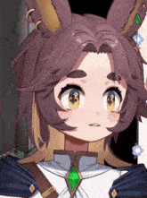 a close up of a cartoon character 's face with a green necklace around her neck