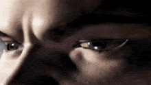 a close up of a man 's eyes with a beard and glasses .