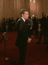 a man in a tuxedo and tie stands on a red carpet