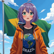 a girl with purple hair is wearing a brazil t-shirt