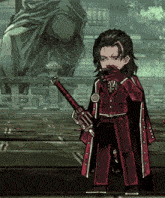 a man in a red suit is holding a sword that says ' samurai ' on the handle