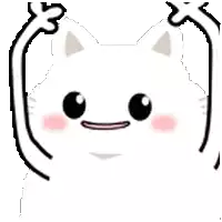 a white cat with pigtails and a smiling face is holding its ears up in the air .