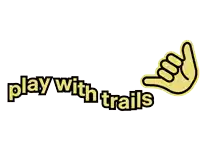 a logo for play with trails has a hand making a hang loose gesture