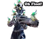 a cartoon character is holding a gun with a skull on his head and the words `` oh floof '' above him .