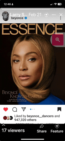 a phone screen displays a photo of beyonce on the cover of essence magazine