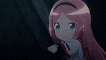 a girl with blue hair is wearing a red and white uniform