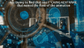 a man looking through a magnifying glass with the words me trying to find that one fucking keyframe