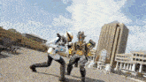 a man in a costume is running towards another man in a costume in front of a building