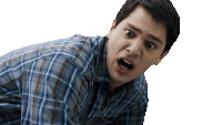 a man in a plaid shirt makes a funny face