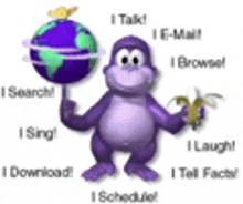 a purple monkey holding a globe and a banana