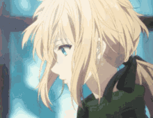 a close up of a blonde anime girl with blue eyes and a ponytail .