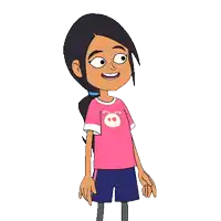 a cartoon girl wearing a pink shirt with an ant on it and blue shorts