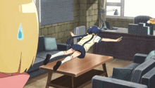 a cartoon of a girl falling on a table