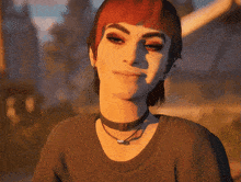 a woman with red hair and a choker on her neck smiles