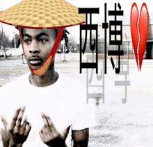 a man wearing a hat and a white shirt with chinese writing behind him