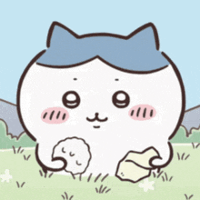 a cartoon cat with a blue ear is holding a rock