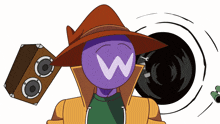 a cartoon character with the letter w on his face is holding a speaker and a record