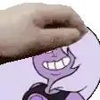 a close up of a cartoon character with a purple face and a brown hat .