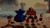 a group of cartoon characters standing on a beach
