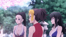 three anime girls are standing next to each other and looking at something