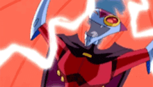 a cartoon character is standing in front of a red background with a lightning bolt coming from his head .