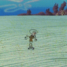a cartoon of squidward from spongebob squarepants is standing in a field