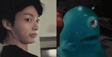a close up of a person 's face next to a cartoon character 's face