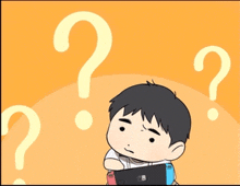 a cartoon of a boy holding a nintendo switch with question marks around him
