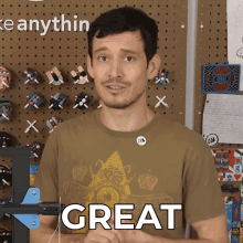 a man wearing a t-shirt that says great