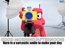 a cartoon character is taking a picture with a camera in a studio .