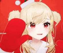 a blonde anime girl wearing a santa hat and gloves