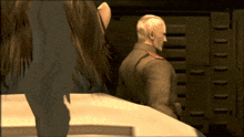 a man in a military uniform is standing in front of a cabinet