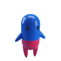 a blue and red capsule with a white background and black eyes