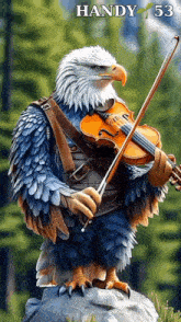 a bald eagle is playing a violin with handy 53 written on the bottom