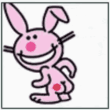 a pink bunny rabbit with a red spot on its butt is smiling and standing on a white background .