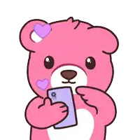a pink teddy bear is holding a cell phone with purple hearts coming out of its head