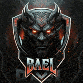 a logo for bael shows a demon with red eyes and horns