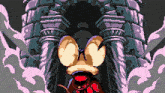 a pixel art drawing of mickey mouse in front of a tower