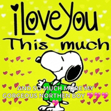 snoopy is wearing a green shirt and hugging a yellow background with hearts .