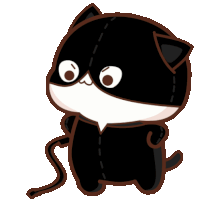 a black and white cat with a long tail is standing on a white background