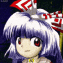 a cartoon girl with purple hair and red eyes says b3 on the bottom