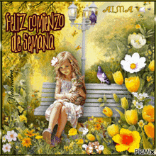 a little girl is sitting on a bench holding a kitten and the words feliz comienzo de semana are above her