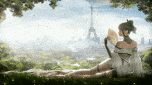 a woman holding a fan in front of the eiffel tower in paris