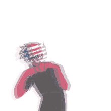 a man with an american flag on his head is holding a microphone .