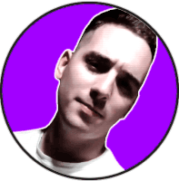 a man 's face is shown in a purple circle on a white background