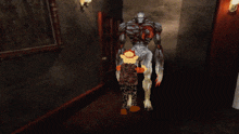 a computer generated image of a person being attacked by a monster in a hallway
