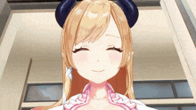 a blonde anime girl with horns on her head smiles