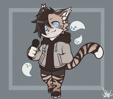 a drawing of a furry character holding a microphone with ghosts in the background